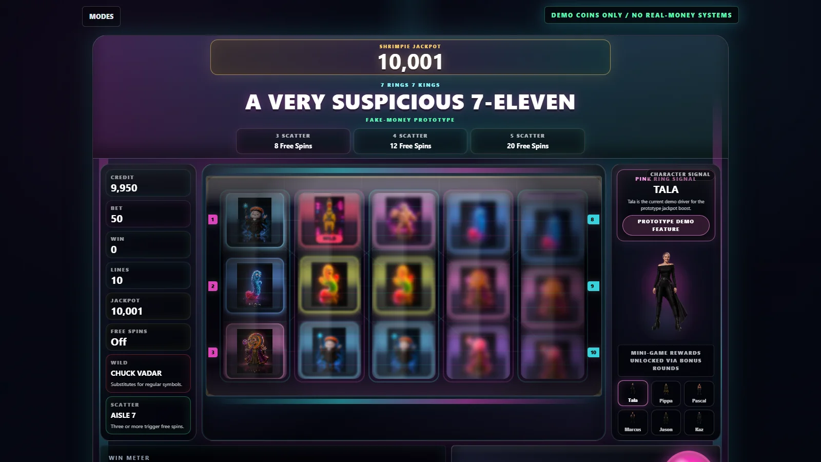 Slot machine reels resolved with Tala's character panel