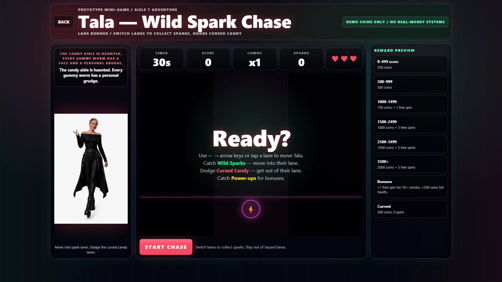Tala Wild Spark Chase mini-game ready screen