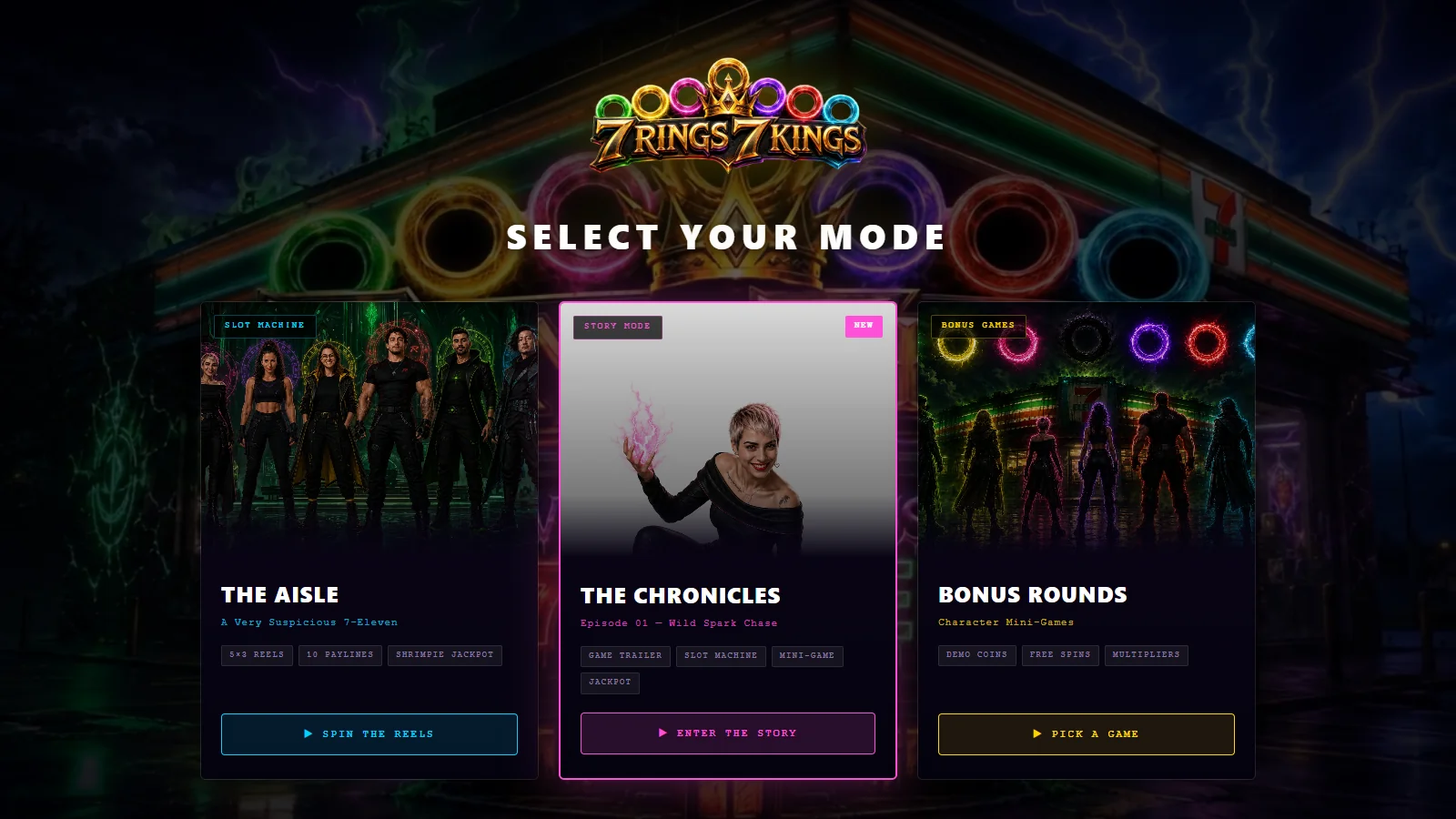 7 Rings 7 Kings mode-select screen showing The Aisle, The Chronicles and Bonus Rounds